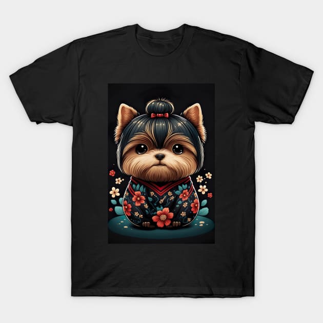 Super Cute Yorkshire Terrier Puppy Portrait Japanese style T-Shirt by KoolArtDistrict